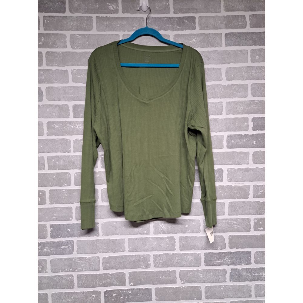 Falls Creek Womens Green‎ Ribbed V-Neck Long Sleeve Blouse Size 2x NWT